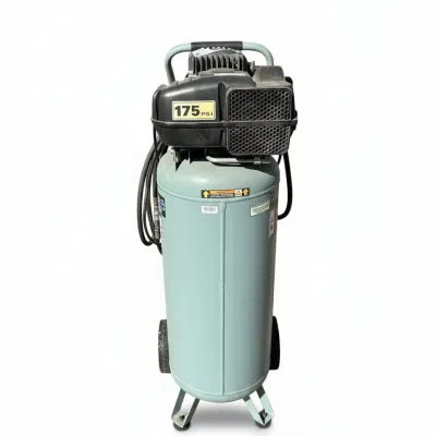 Portable vertical air compressor with a 175 PSI maximum pressure rating, featuring a light blue cylindrical tank, wheels, and a...