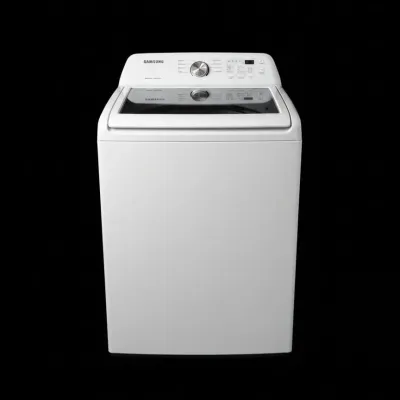 Modern white Samsung top-load washing machine featuring a clear glass lid and digital control panel.