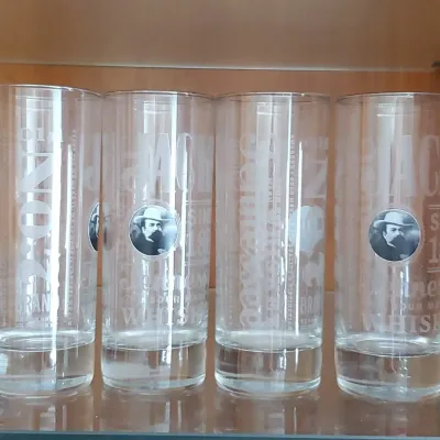 Set of four Jack Daniel's Old No. 7 frosted glass highball tumblers featuring a portrait medallion.