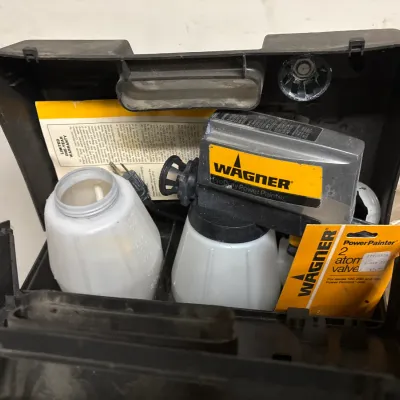 Vintage Wagner Pro Duty Power Painter set with accessories, original manuals, and custom black plastic carrying case.