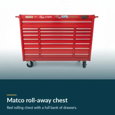 Matco Tools red roll-away tool chest featuring multiple drawers, heavy-duty casters, and various decals along the top trim.