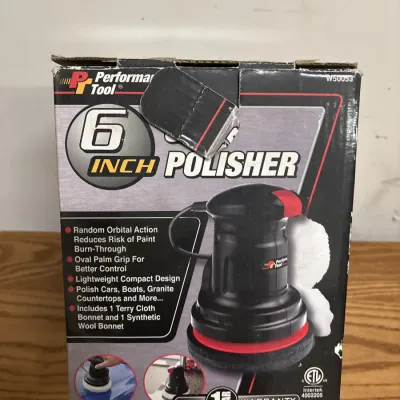Performance Tool 6-inch random orbital polisher (model W50053), in its original box with minor wear along the edges.
