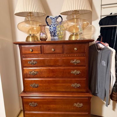 Sale Photo Thumbnail #61: MCM glass globe table lamps and Crescent furniture chest
