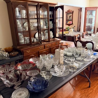 Sale Photo Thumbnail #15: Vintage glassware and Crescent removable top china hutch, and dining room table and chairs