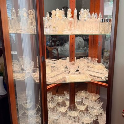 Sale Photo Thumbnail #23: Corner curio cabinets, and vintage glassware