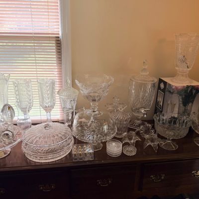 Sale Photo Thumbnail #16: Shannon Crystal cake plates and hurricanes and serving dishes