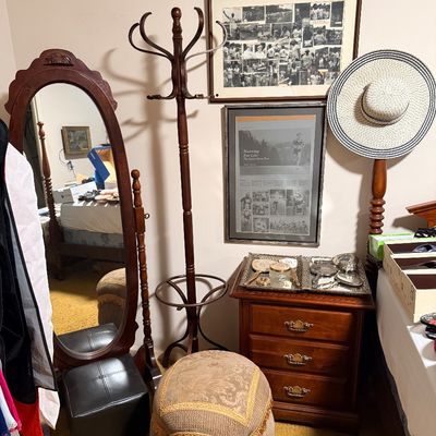 Sale Photo Thumbnail #64: Cherry wood swivel floor mirror. Thonet bentwood  coatracks, Cherry nightstand 