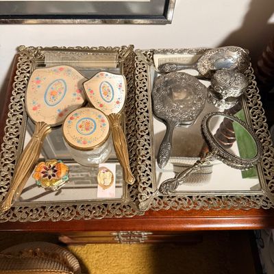 Sale Photo Thumbnail #65: 3 piece Vintage art deco and silver plate vanity sets and vanity mirror trays  