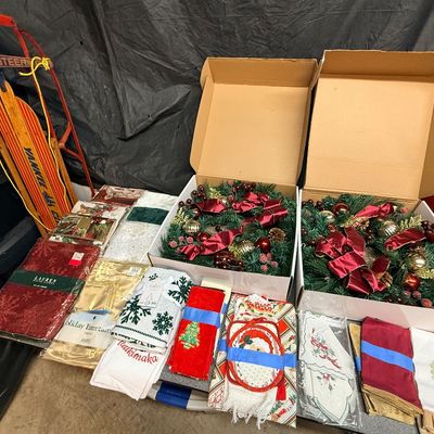Sale Photo Thumbnail #156: Waterford Christmas tablecloths, vintage Christmas, hand towels, and wreaths