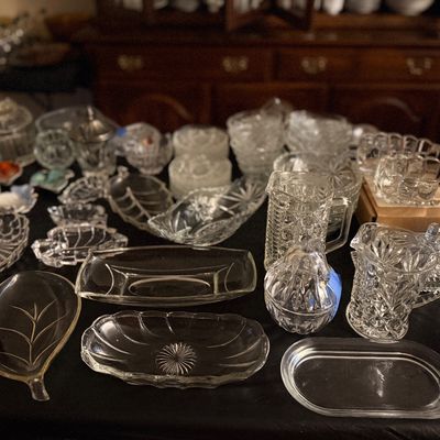 Sale Photo Thumbnail #11: Cane pattern glassware, butter pats. Serving dishes
