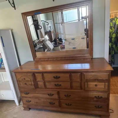 Handsome Early American Wood Triple Dresser with Mirror Brass Pulls 60 Inch