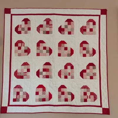 Charming Red White Patchwork Heart Quilt Wall Hanging Quilted Square Throw