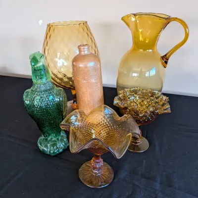 Colorful Amber Glass Lot Pitcher, Hobnail Compotes, Brandy Vase, Amsterdam Crock