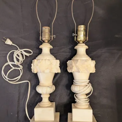 Elegant Pair of Carved Alabaster Urn Table Lamps with Floral Relief, Italy Mark