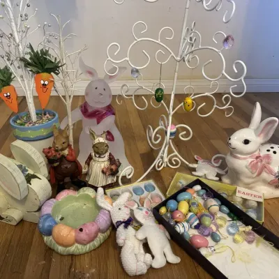 Colorful Easter Decor Lot Bunny Figurines Egg Tree Ornaments Ceramic Rabbit