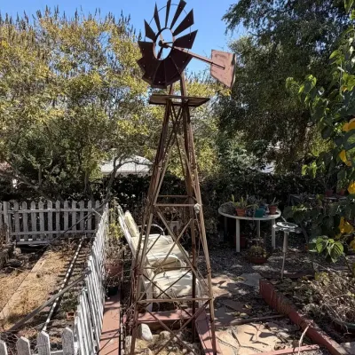 Large Rustic Metal Garden Windmill Tower with Twelve-Blade Wheel and Tail Vane
