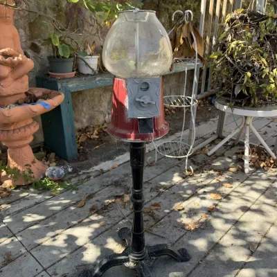 Classic Red Gumball Machine on Black Cast Iron Pedestal Base, Glass Globe