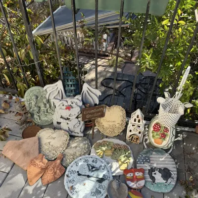 Colorful Garden Decor Lot Plaques Stepping Stones Thermometer Church Lantern