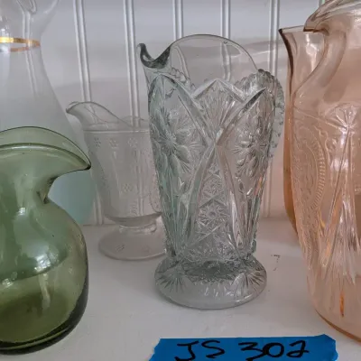 Elegant Glass Pitcher Lot Pink Pressed Glass Hand Blown Green Frosted Gold Band