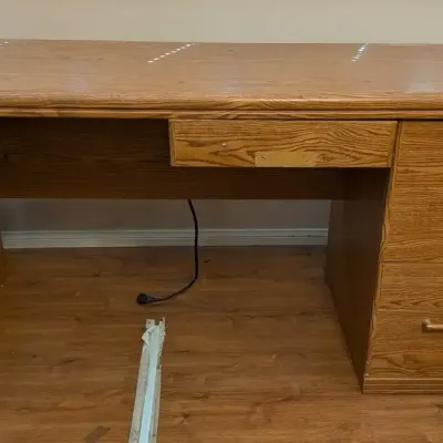 Sturdy Oak Veneer Single Pedestal Office Desk with Center and File Drawers