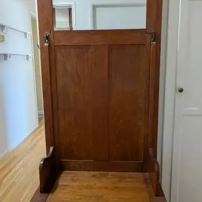 Antique Quartersawn Oak Hall Tree Storage Bench Beveled Mirror Swivel Coat Hooks