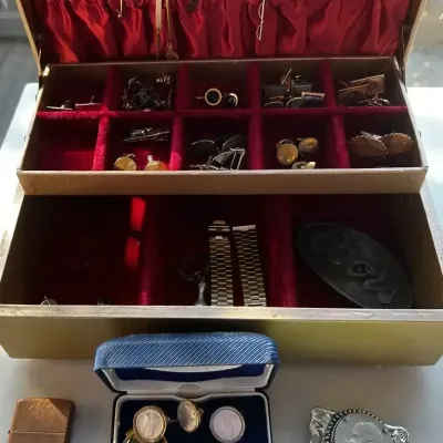 Classic Mens Jewelry Box Lot Cufflinks Tie Clips Swank Coin Set Copper Lighter