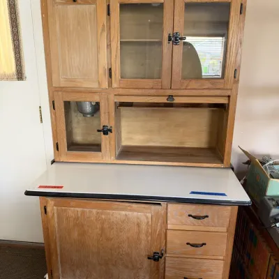 Classic Oak Hoosier Kitchen Cabinet Enamel Work Surface Flour Sifter Bin 67in
