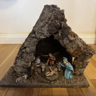Rustic Nativity Scene Cork Bark Stable Creche Holy Family Angel Figures