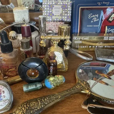 Fragrant Perfume Bottle Lot Evening in Paris Bourjois Soap Set Key Coil Mirror