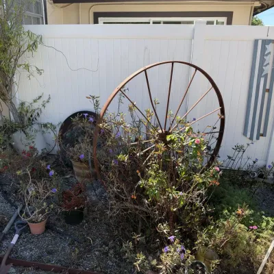 Rustic Garden Lot: Large Iron Wheel, Wood Spoke Wheel with Tire, Shovels, Pots
