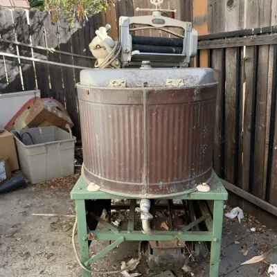 Antique Voss Copper Tub Wringer Washing Machine on Green Steel Stand with Motor