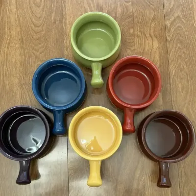 Colorful Glazed Ceramic Handled Soup Bowls, Onion Soup Crocks, Multicolor Set