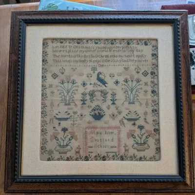 Antique Maria Oliver Droxford School Needlework Sampler 1853 in Wood Frame