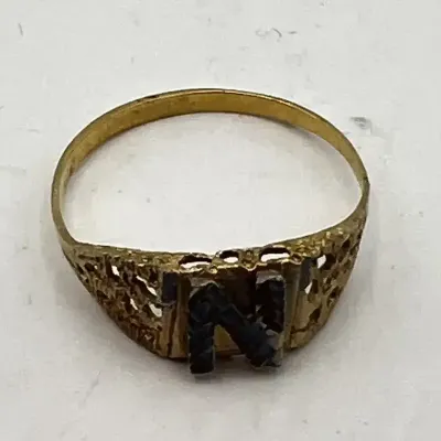 Gold-Tone Initial N Ring with Diamond-Cut Letter and Pierced Nugget Shoulders