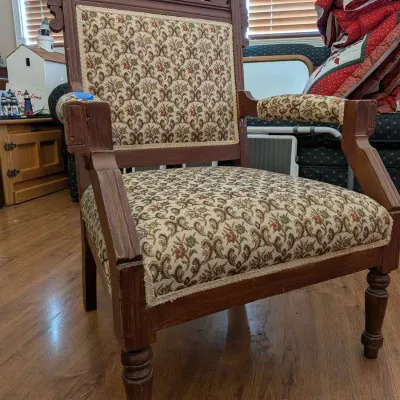 Antique Eastlake Style Parlor Armchair Carved Wood Frame Tapestry Upholstery