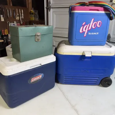 Colorful Igloo & Coleman Cooler Lot with Wheeled Igloo and Green Metal File Box