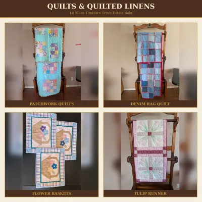 Handmade Quilt Lot Aqua Patchwork, Denim Rag Quilt, Basket Mats, Tulip Runner