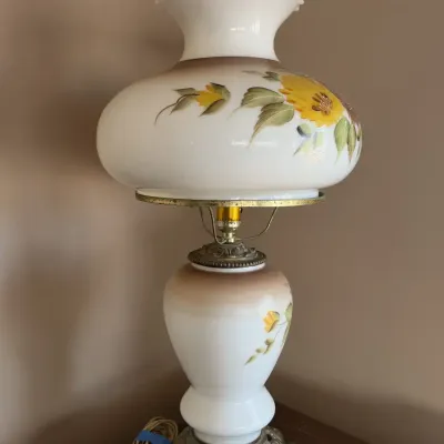 Retro Hurricane Parlor Lamp: Hand Painted Floral Milk Glass, Ornate Brass Base