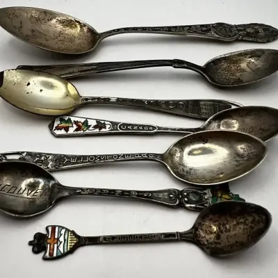 Antique Sterling Silver Souvenir Spoons Lot Canada Vancouver Yellowstone Enamel