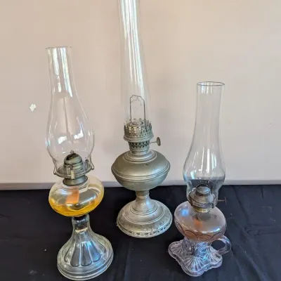 Antique Oil Lamp Trio, Glass Chimneys, Metal Base and Lavender Finger Lamp