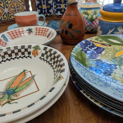 Colorful Ceramics Lot Majolica Teapot Otagiri House Pitcher Dal-Tile Trivets
