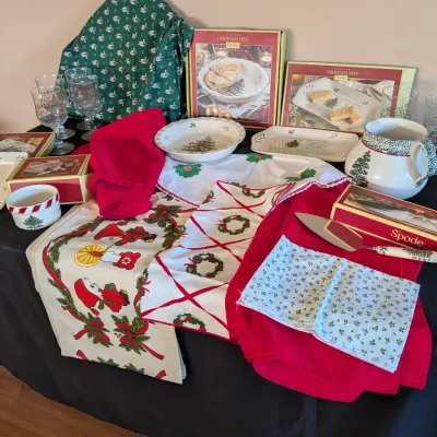 Festive Spode Christmas Tree Serveware Lot with Furio Pitcher, Holly Glasses