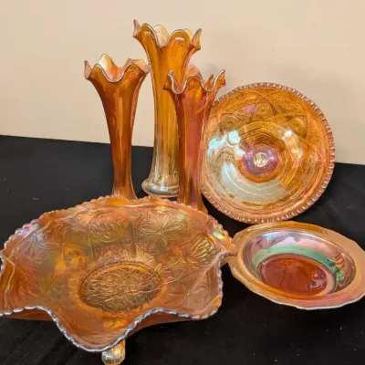Colorful Marigold Carnival Glass Lot: Ruffled Footed Bowls and Swung Vases