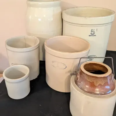 Antique Stoneware Crock Lot: Medalta 5 Imperial, Marshall Pottery, Wire Bail Jar