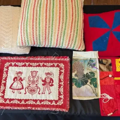 Handmade Textile Lot: Granny Square Afghan, Pillows, Fidget Quilt, Woven Mats