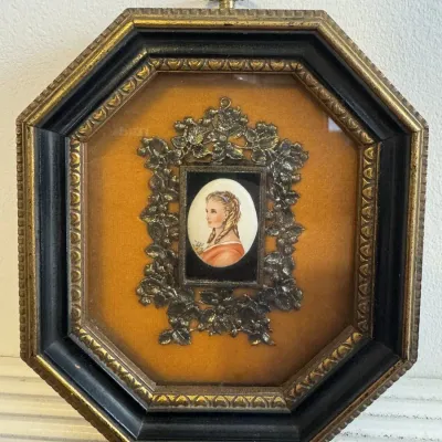 Ornate Octagonal Shadow Box Frame Porcelain Portrait Miniature Metal Filigree