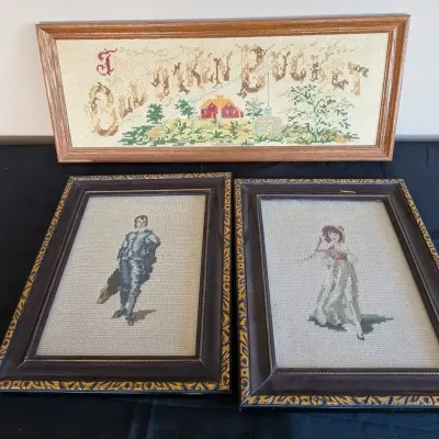 Charming Framed Needlepoint Blue Boy, Pinkie and Old Oaken Bucket Cross Stitch