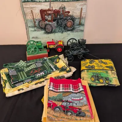Colorful Tractor Lot: Zetor Tin Toy, John Deere Engine Model, Fabrics, Tapestry