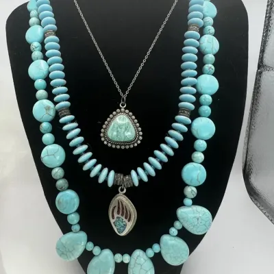 Colorful Turquoise Necklace Lot Bell Sterling Pendant Bear Paw Inlay 925 Clasp