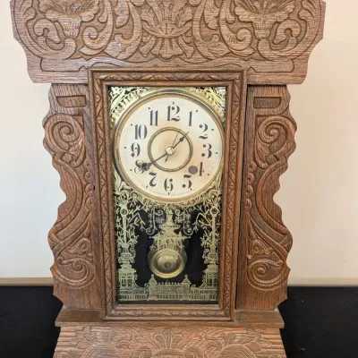 Antique New Haven Clock Co Gingerbread Oak Mantel Clock Carved Case